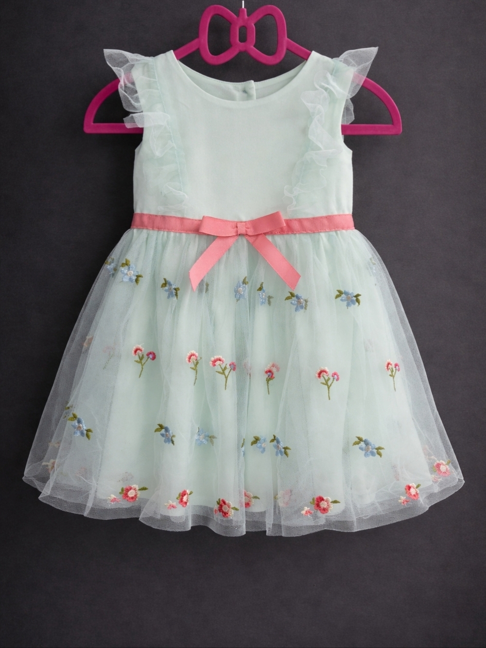 Blueberi Boulevard Mint Floral Tulle Dress with Pink Waist Bow